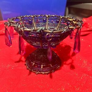 Vintage 1960’s blue pedestal Beaded Wire Bowl with hanging beads- preloved